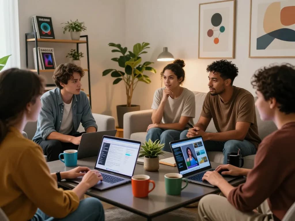 Friends discussing sex AI in a modern living room with tech gadgets.