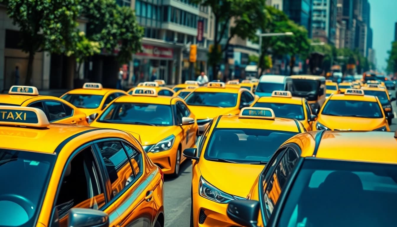 Minicabs lined up in an urban setting under bright sunlight.