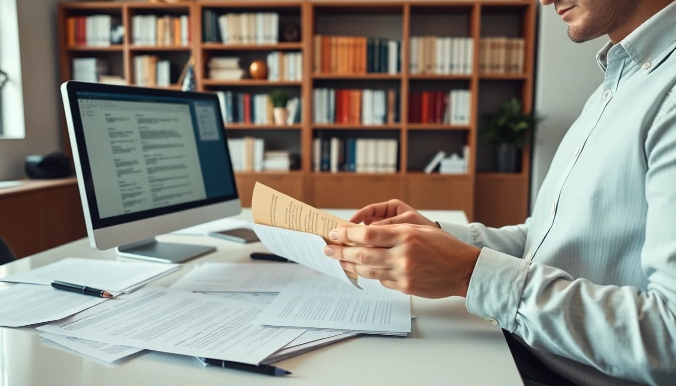 Certified translator reviewing documents in a professional office setting.