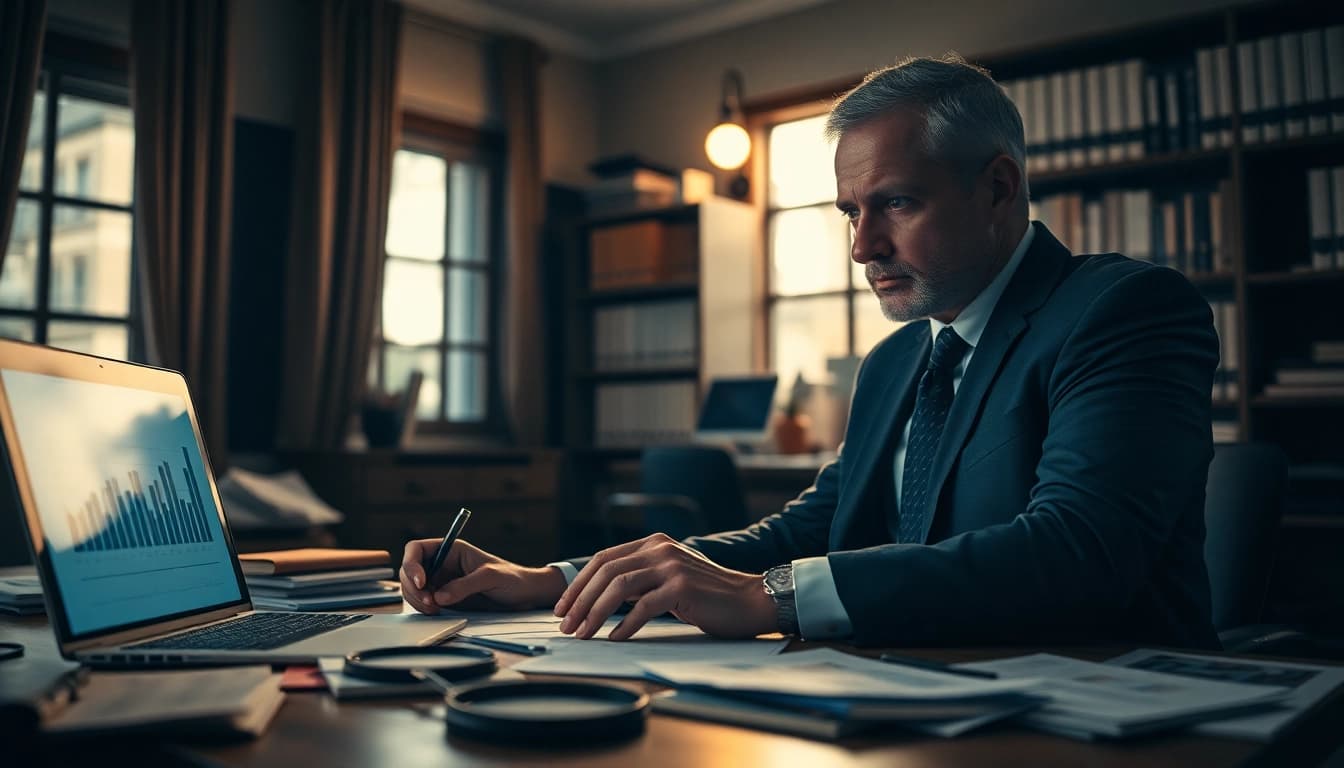 Engaging in infidelity investigations, a private investigator analyzes evidence in a dimly-lit office.