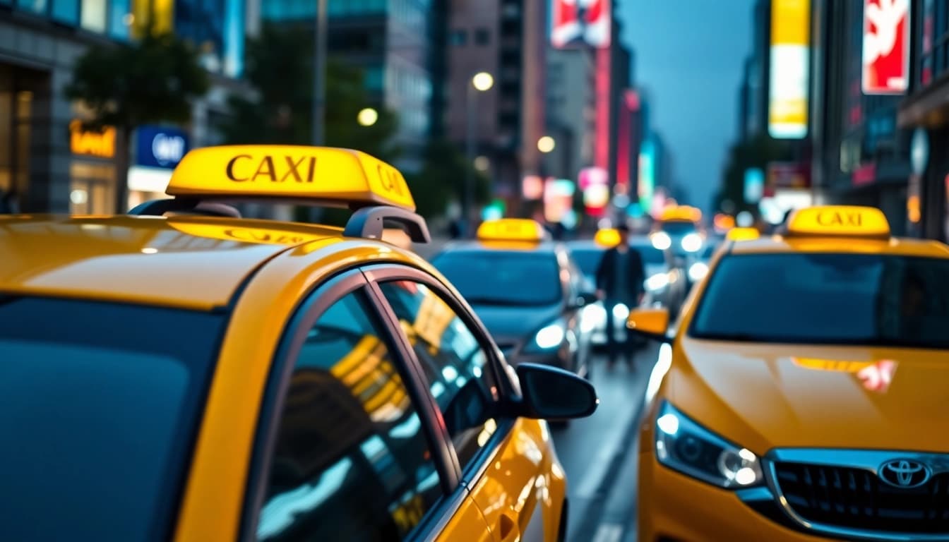 Efficient cabs parked on a bustling city street, showcasing urban transportation.
