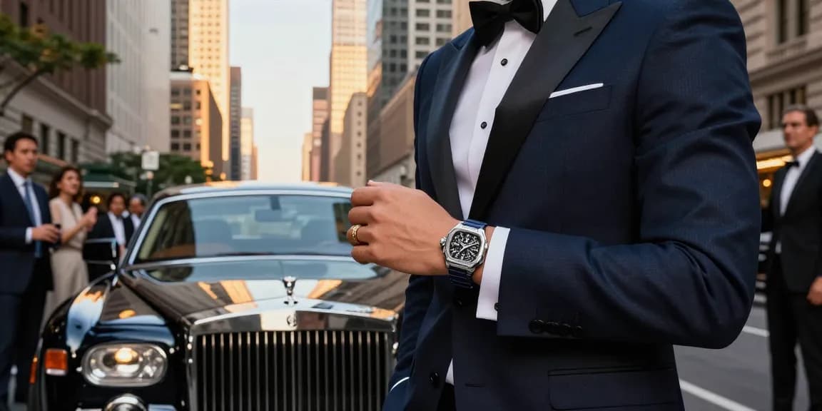 Elegant urban individual showcasing a super clone watch against a luxurious city backdrop, reflecting style and success.