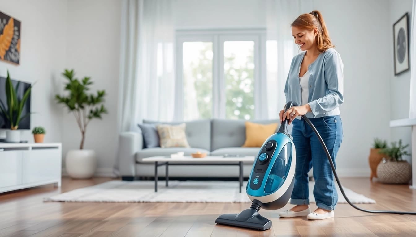 Efficiently cleaning with an aurupesuri rent in a bright living room, showcasing effortless home care.