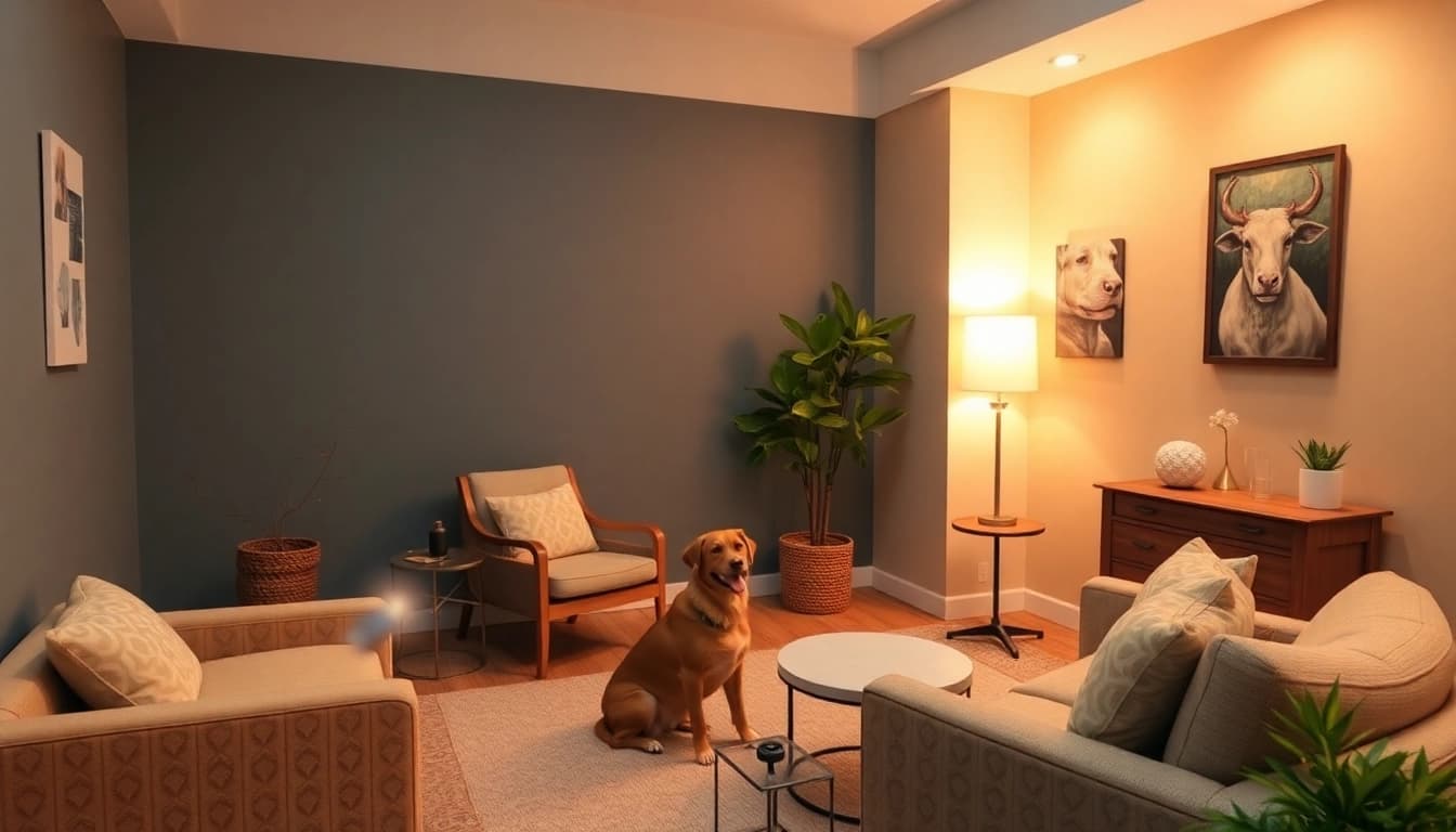 Offering depression treatment in a comfortable therapy setting with a therapy dog for support.