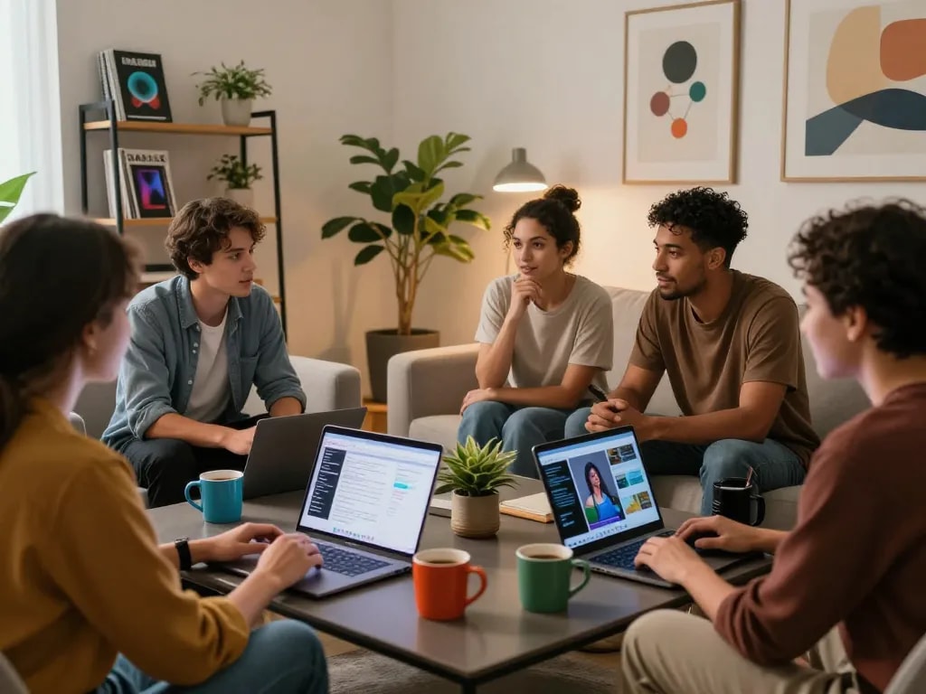 Friends discussing sex AI in a modern living room with tech gadgets.