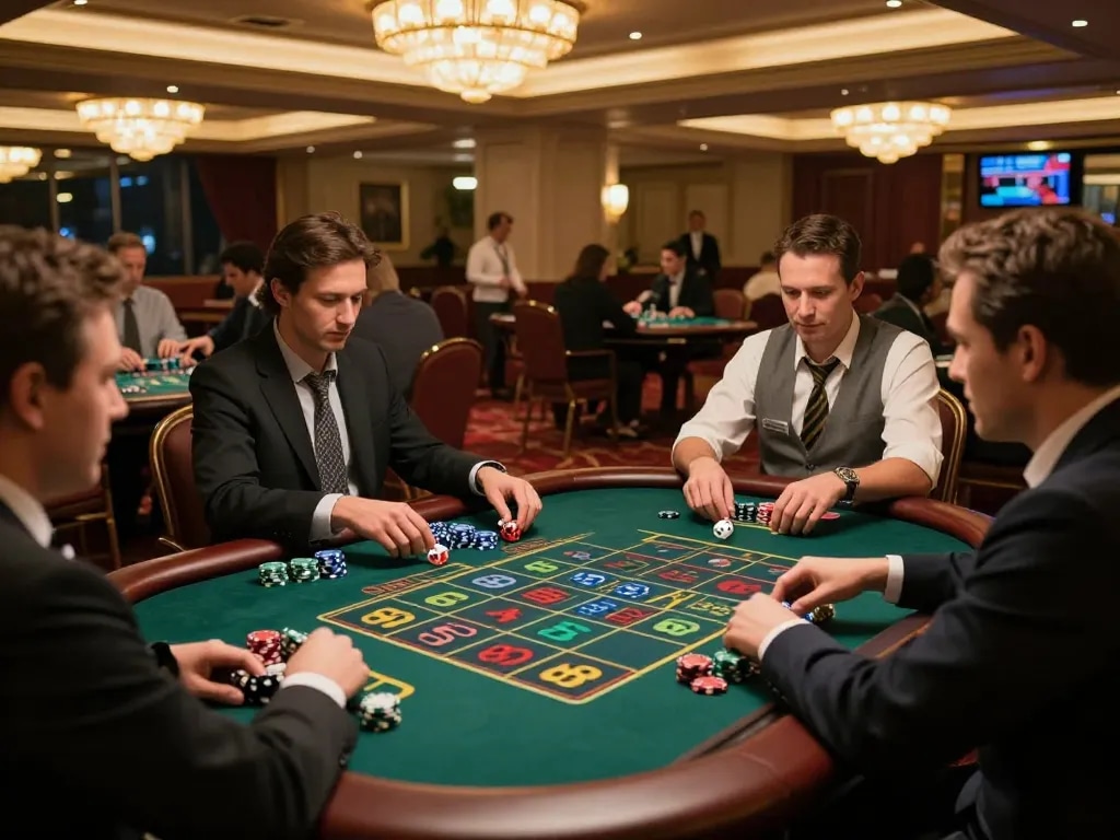 Tai xỉu players engaging with colorful chips and dice in an upscale casino setting.