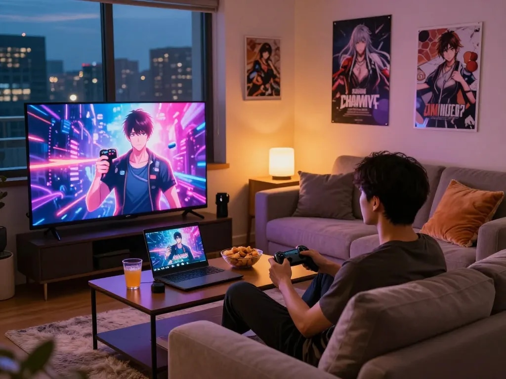 Engaging gamer enjoying free porn games in a cozy living room.
