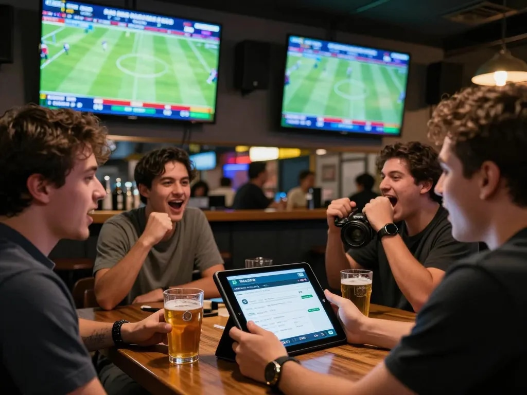 Excited bettor reviewing kèo nhà cái at a lively sports bar, cheering with friends surrounded by live football matches.