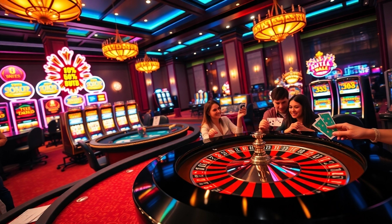 Excited players engaging in a game at a casino without license, showcasing vibrant chips and roulette.