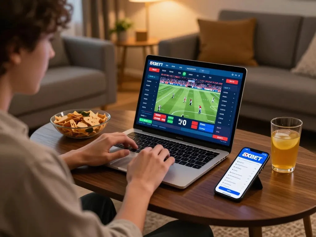 Engaging in live betting on 8XBET with laptop and mobile app in cozy living room setting.