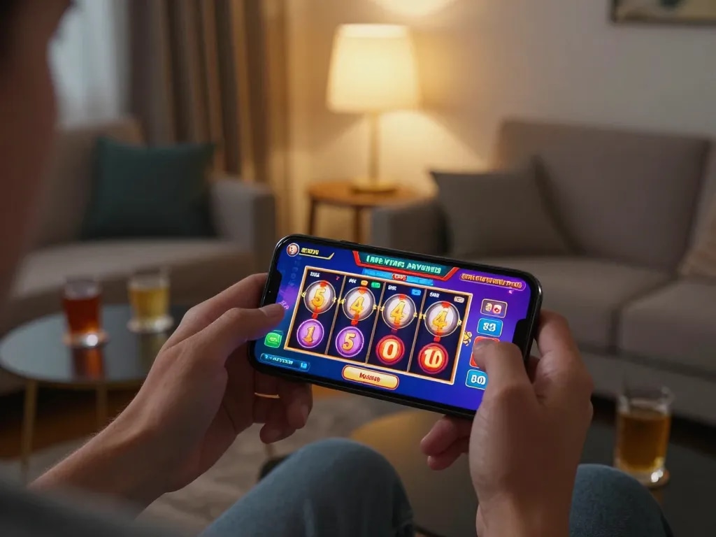 Player enjoying online slots on smartphone with 88vv interface in a cozy living room.