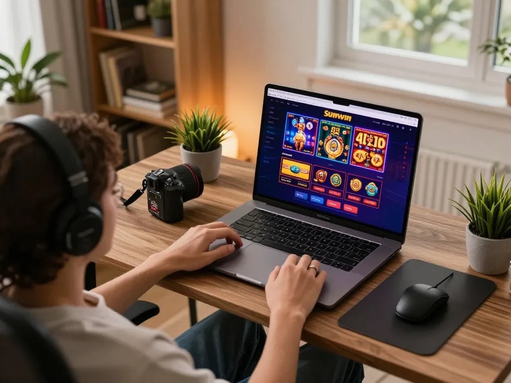 Engaged player enjoying Sunwin online slots in a cozy, stylish home office.