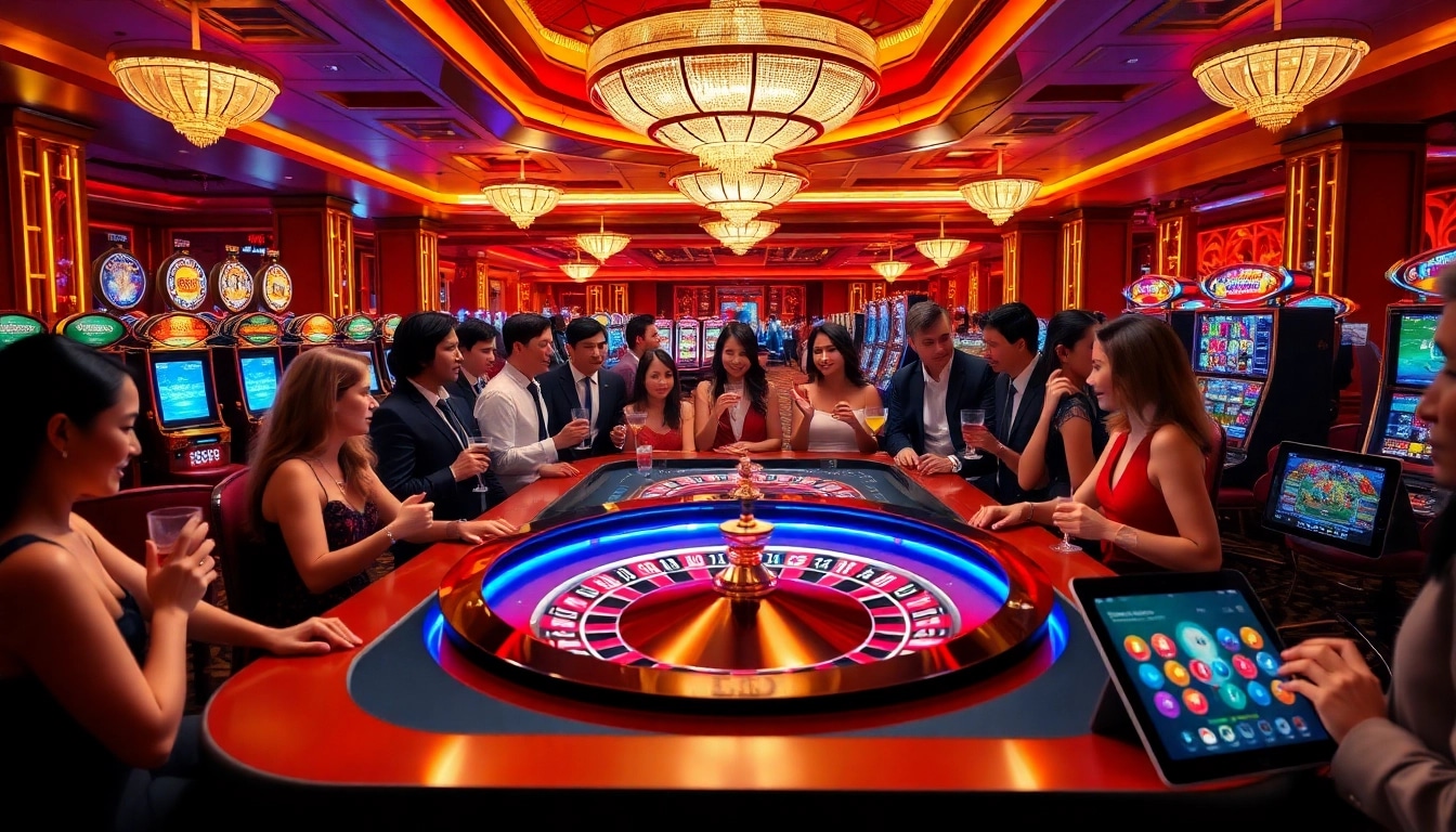 Exciting live dealer gaming at bj88b.com’s luxurious casino setting, with roulette and slot machines.