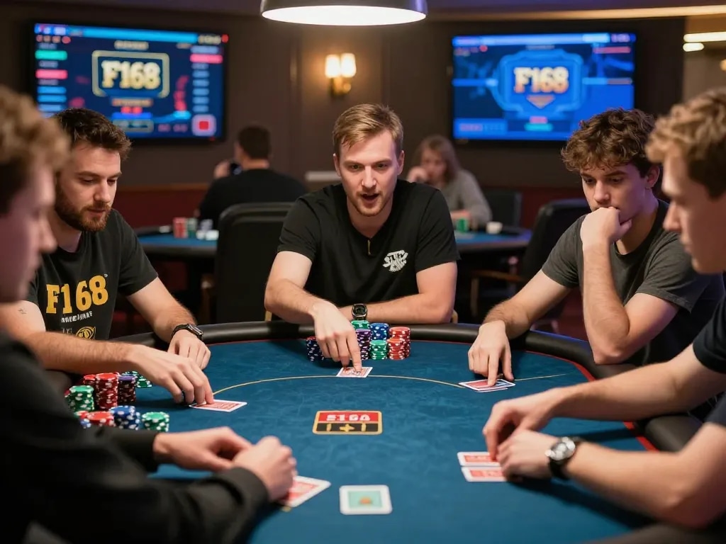 F168 online casino poker game scene showcasing players engaged in action and strategy.