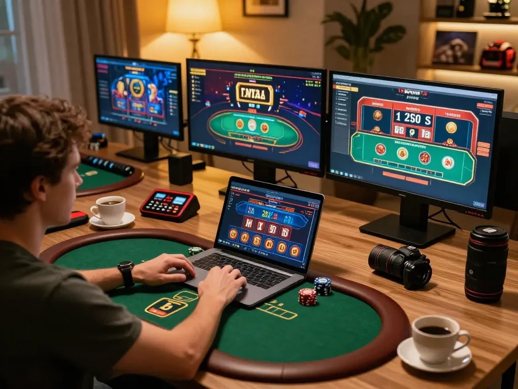 Engaging gameplay on tx666.co.com with a player analyzing poker hands in a cozy home office setting.