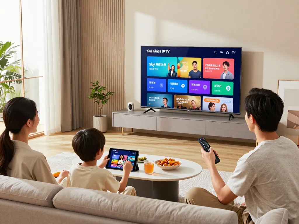 Family enjoying Sky Glass IPTV Subscription in their cozy living room with Smart TV and snacks.