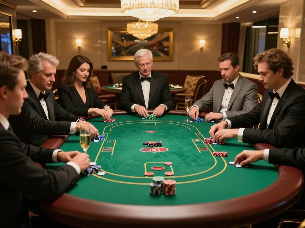 Engaged players in a luxurious VIP area at ATQ casino, enjoying an exclusive poker game.
