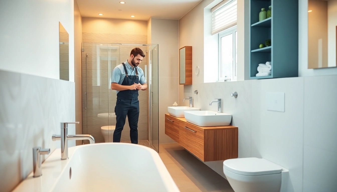 Bathroom fitters professionally installing modern fixtures in a stylish bathroom setting.