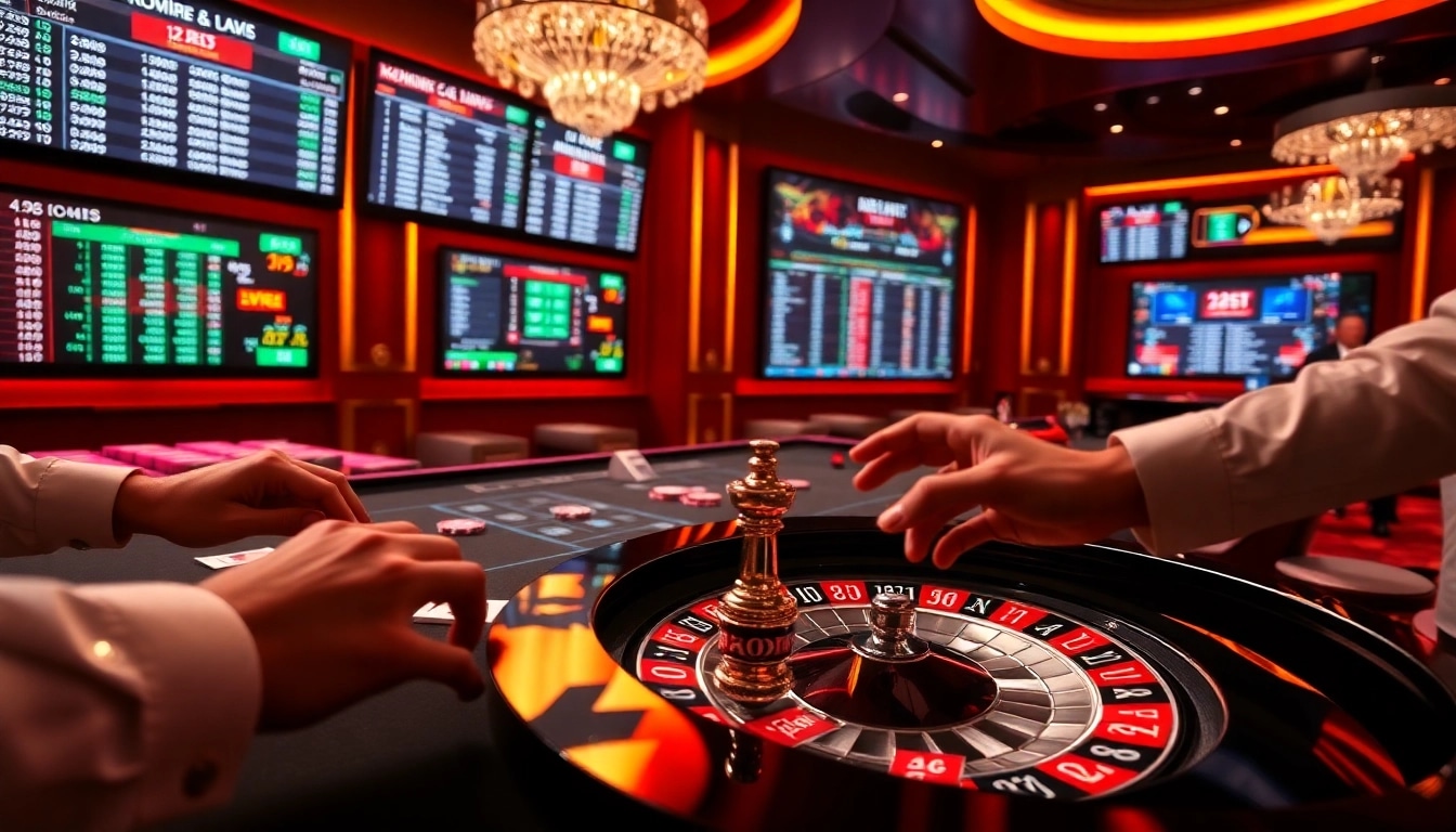 Experience the thrill of betting at 12bet with vibrant table games and modern digital displays in a luxurious casino setting.
