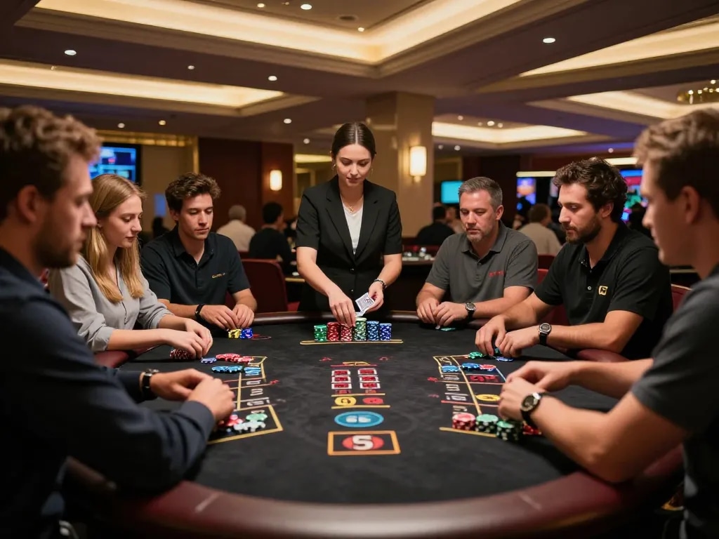 Players strategizing at a blackjack table in 123win's upscale casino environment