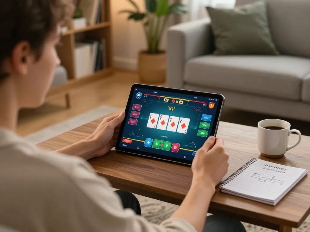 Engaging in a thrilling online poker game on the 789 club, showcasing strategy and casual home comfort