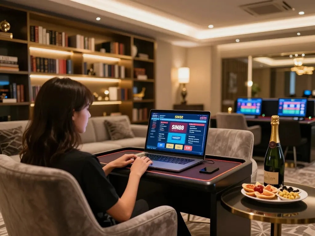 SIN88 online betting interface showcased on a laptop in a stylish gaming setup.