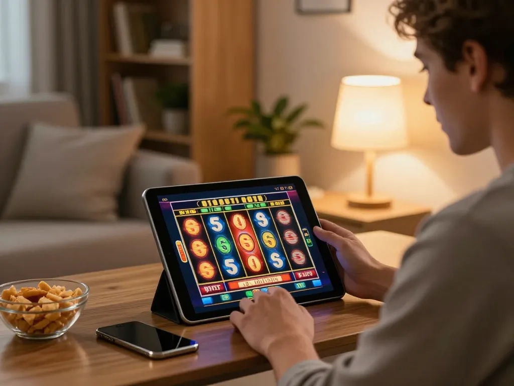 E2bet player engaging with vibrant slot game on tablet in relaxed home setting.