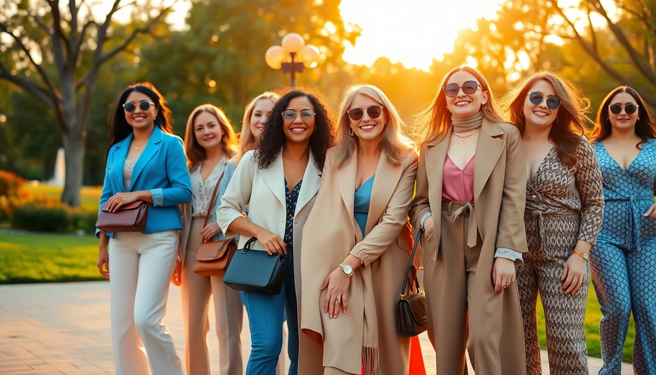 Explore stunning women fashion outfits worn by diverse women in a vibrant park setting.