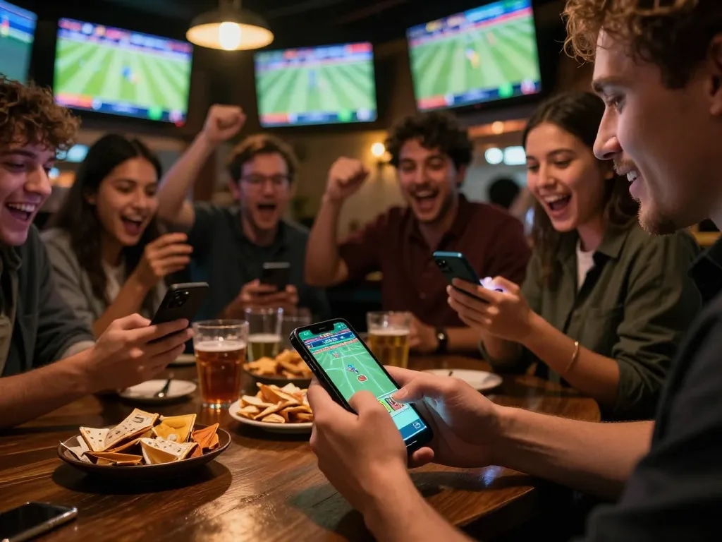 Tỷ lệ kèo nhà cái shown as individuals place bets on mobile apps while enjoying sports in a lively bar.