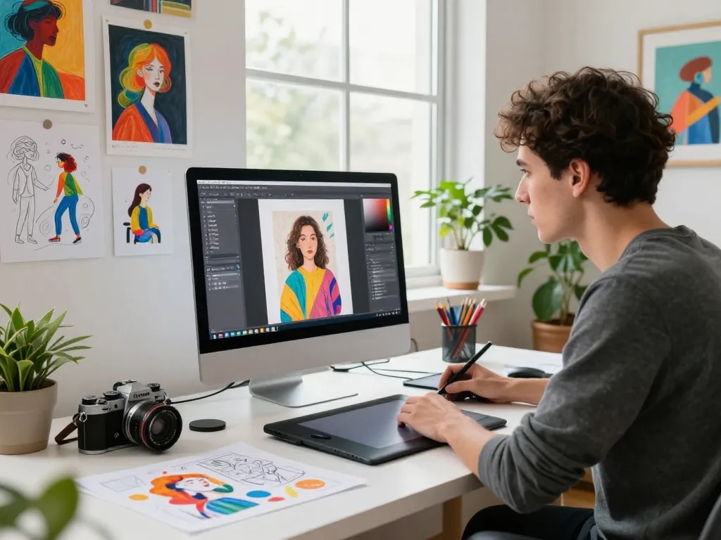 AI artist generating image prompts in a creative workspace with sketches and digital tools.