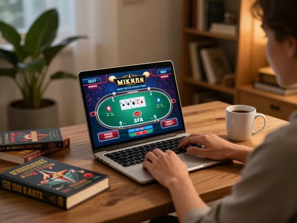 Play online using Wala88 link with vibrant poker displayed on laptop amidst a cozy home setup.