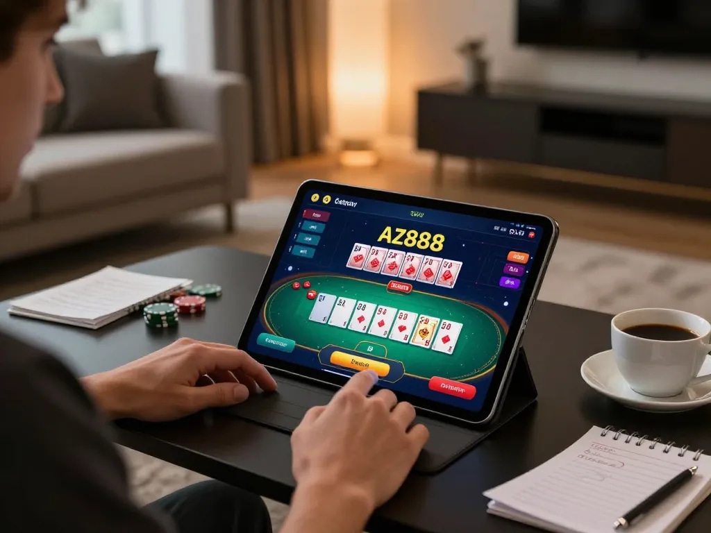 Player immersed in az888 online gaming on tablet, showcasing poker excitement in a stylish setting