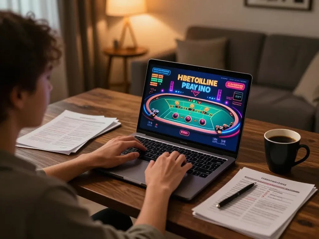 Engaged in online gaming at Hbet, a player interacts with a live dealer game on their laptop.