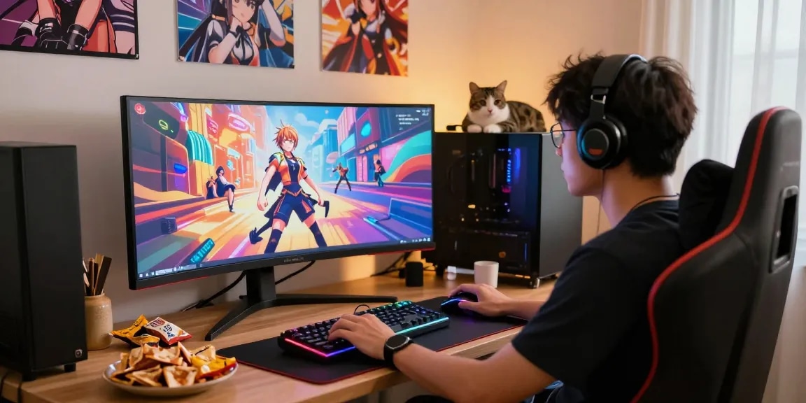 Gamer enjoying an immersive hentai game in a cozy room.