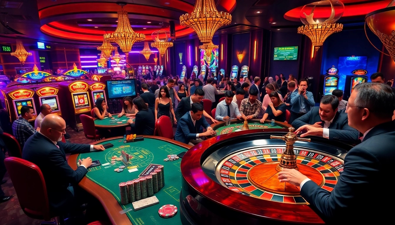 Experience the thrill of gameplay at https://bet888.solutions/, showcasing vibrant slot machines and engaged players at casino tables.