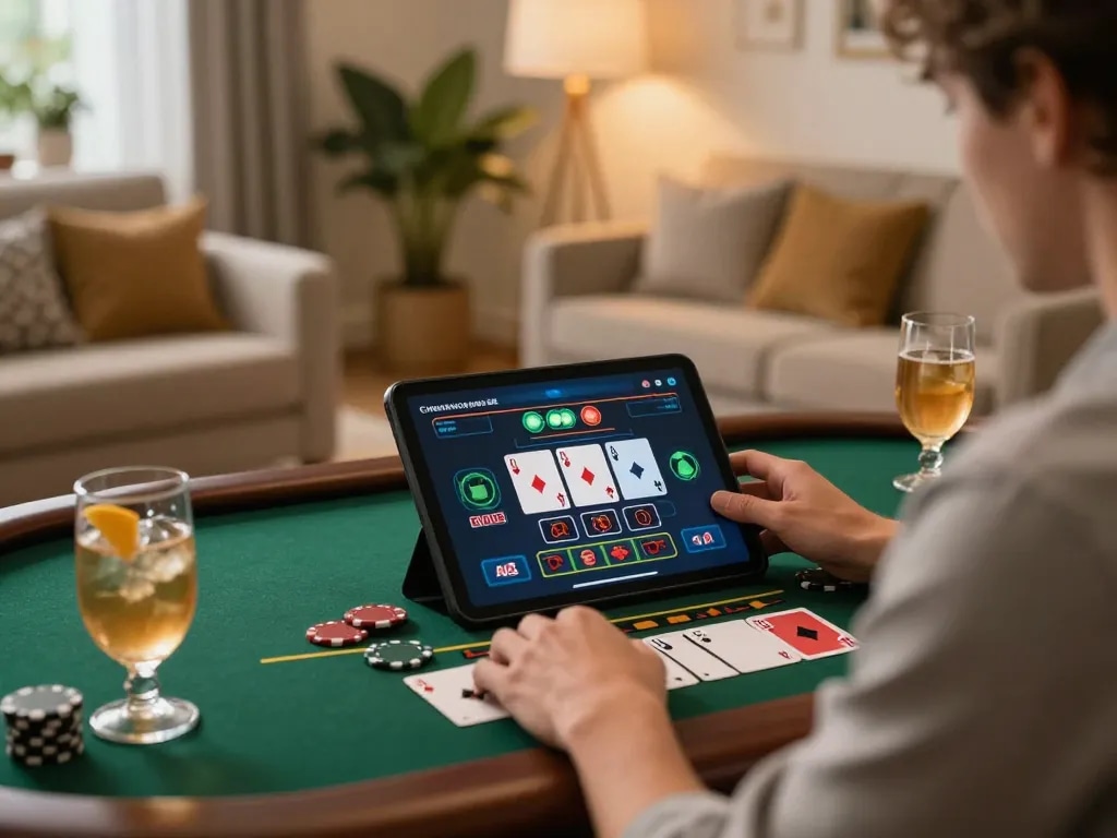 Enjoying SHBET online blackjack game on tablet, showcasing strategic gameplay and comfortable ambiance.