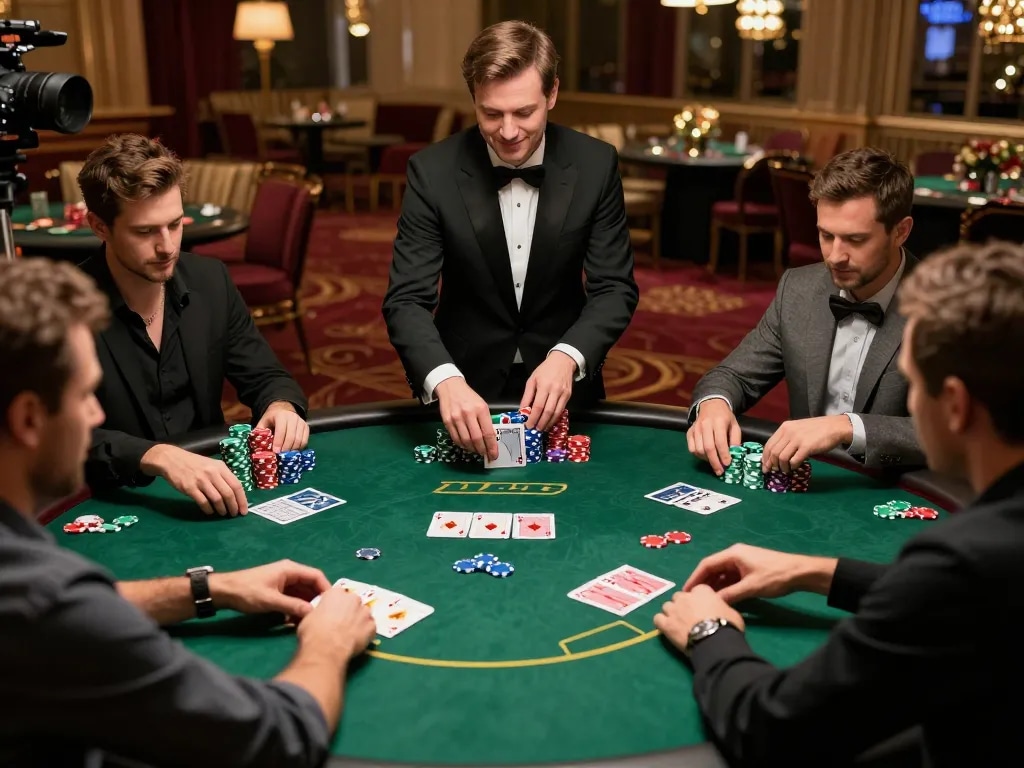 Players at a sunwin poker table focused on their game, vibrant chips and cards creating an engaging atmosphere
