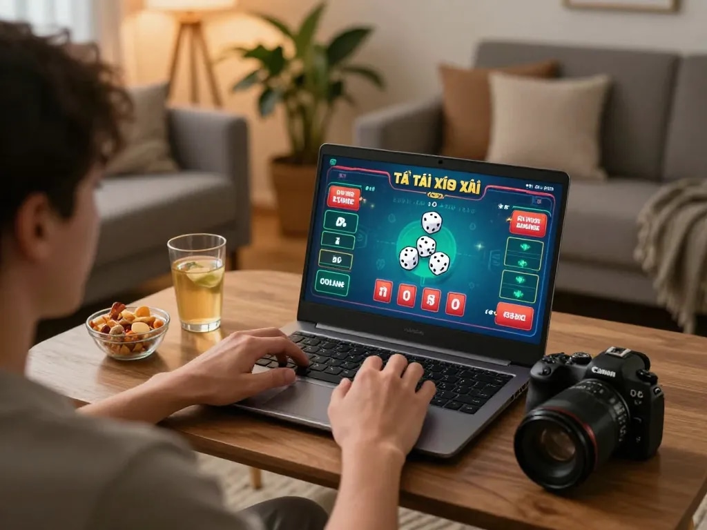 Engaged player enjoying tài xỉu online game on a laptop in a cozy home setting.