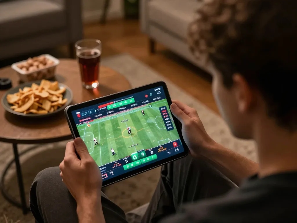 SHBET user placing sports bets on a tablet in a cozy home setting, highlighting engaging online gambling.