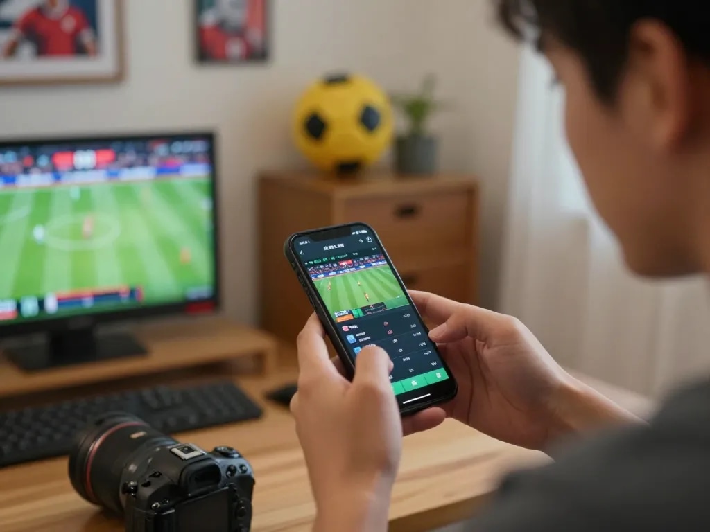 Bongdalu user engaging in live sports betting on smartphone within a cozy home setup