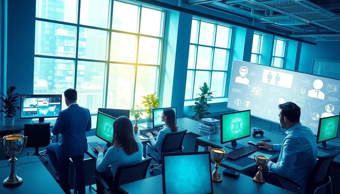 Employees collaborating in a vibrant office atmosphere, representing gamification companies' innovative training methods.