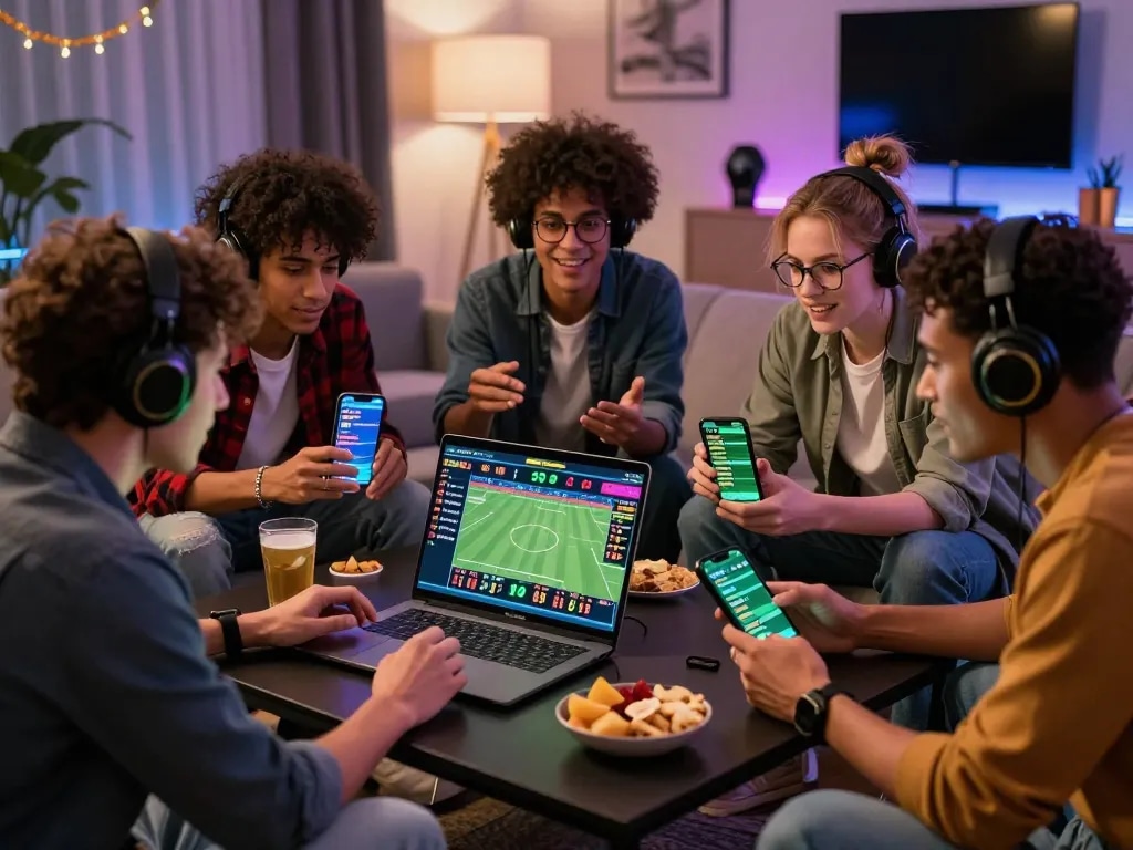 Friends excitedly engaging in online betting on bong99 website during game night.