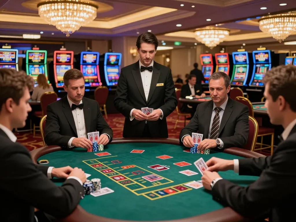 Engaged players strategizing their bets at 99OK blackjack tables in a vibrant casino.