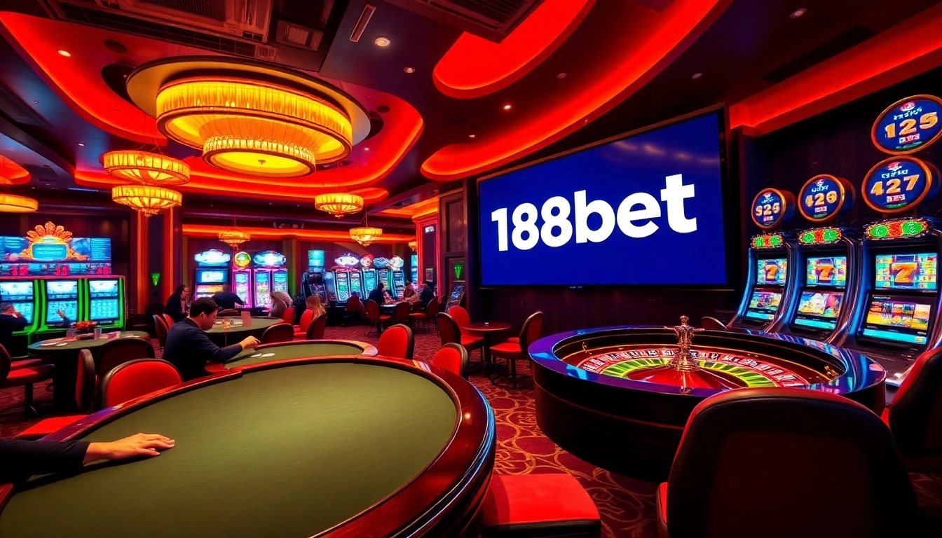 Experience the thrill of betting with 188bet at a lively casino filled with poker and roulette tables.