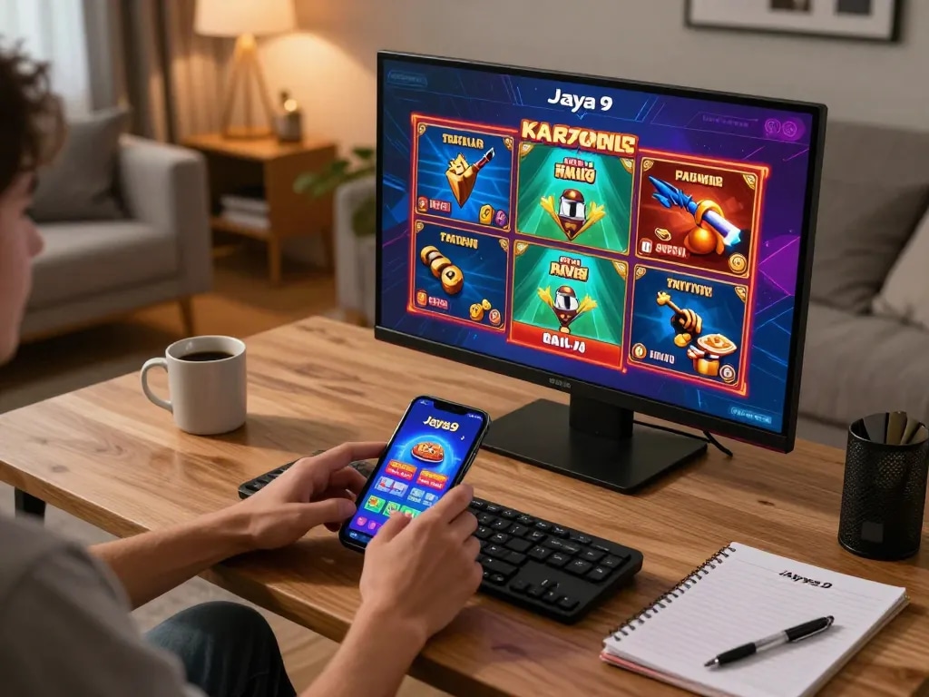 Jaya9 player enjoying an exciting online gaming session on mobile app in a cozy setting