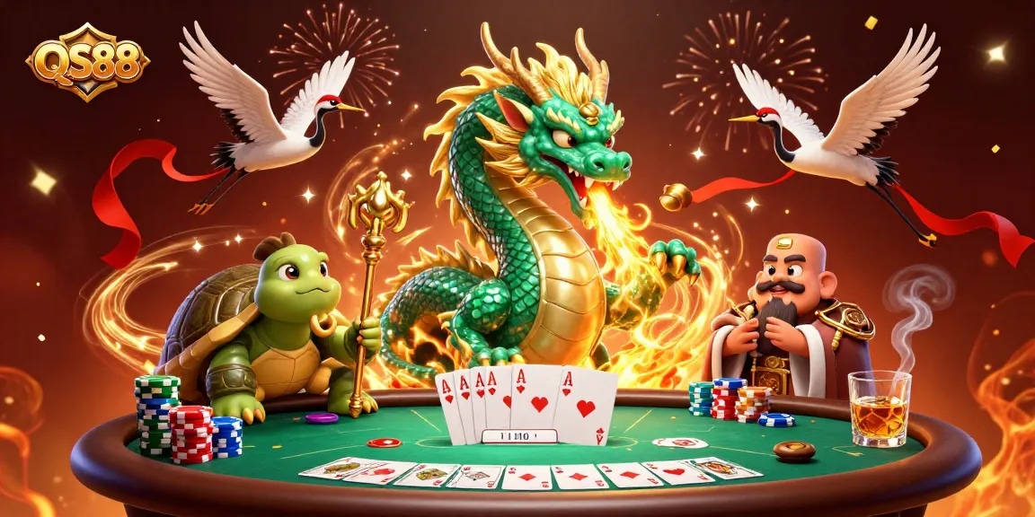 QS88 mang đến một trải nghiệm trò chơi sòng bạc đầy màu sắc với rồng ngọc lục bảo và các biểu tượng may mắn.