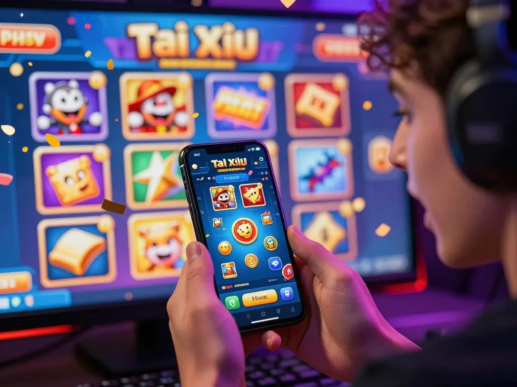 Engaging scene of a player downloading tải game b52club on a smartphone, surrounded by vibrant game graphics.