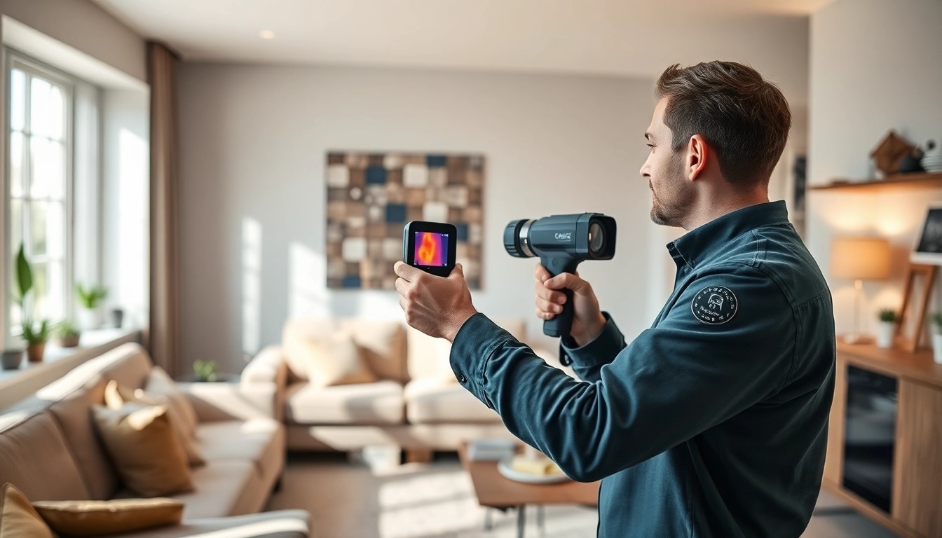 Visualize a technician using thermal imaging for Central Heating Leak Detection in a cozy living room.