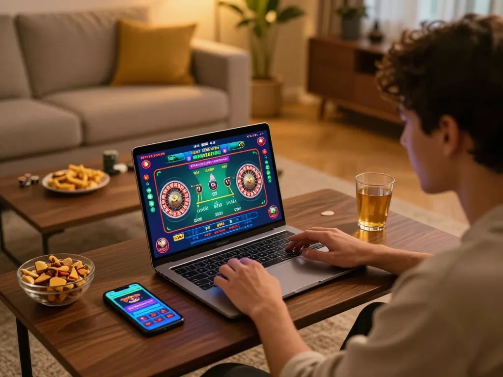 Engaging in live roulette gameplay at fly88 online casino with interactive features and cozy home environment