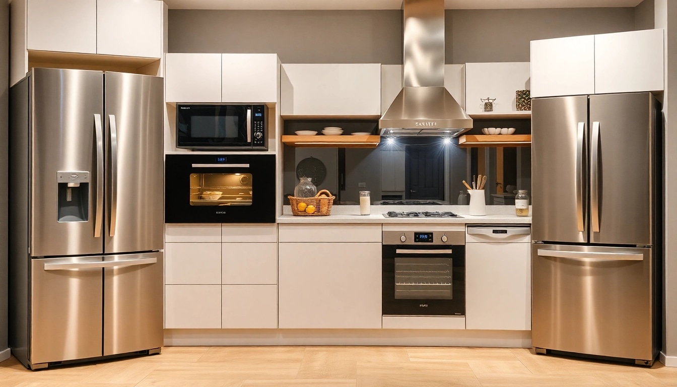 Enhance your space with бяла техника, including a stylish fridge and oven in a modern kitchen setting.